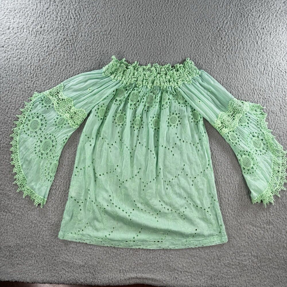 Temptation Positano Women Bohemian Floral Tunic Blouse Green 3/4 Sleeve Size L